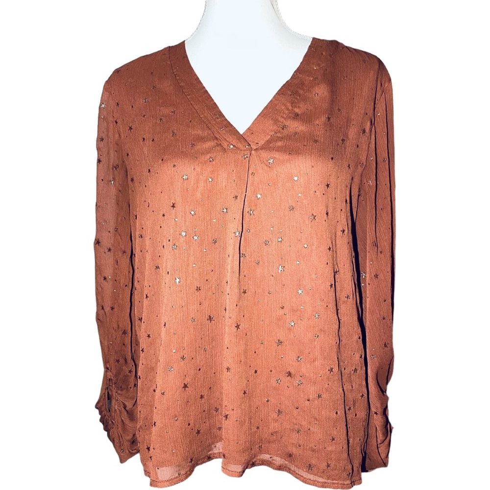 Entro Women's Small Long Sleeve Bubble Stars V Neck Burnt Orange Gold